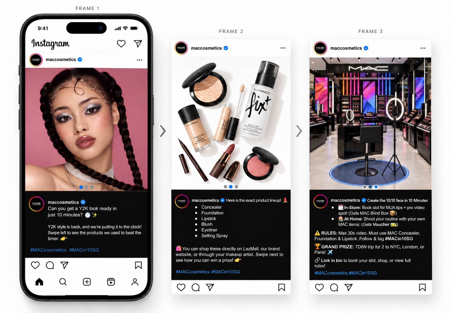 Instagram carousel phone mockup showing a finished Y2K look, the product lineup and in store participation route.