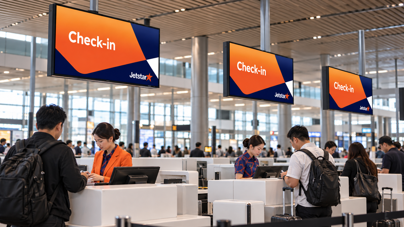 Jetstar Brand Refresh at an airport check-in counter with updated signage and crew uniforms.