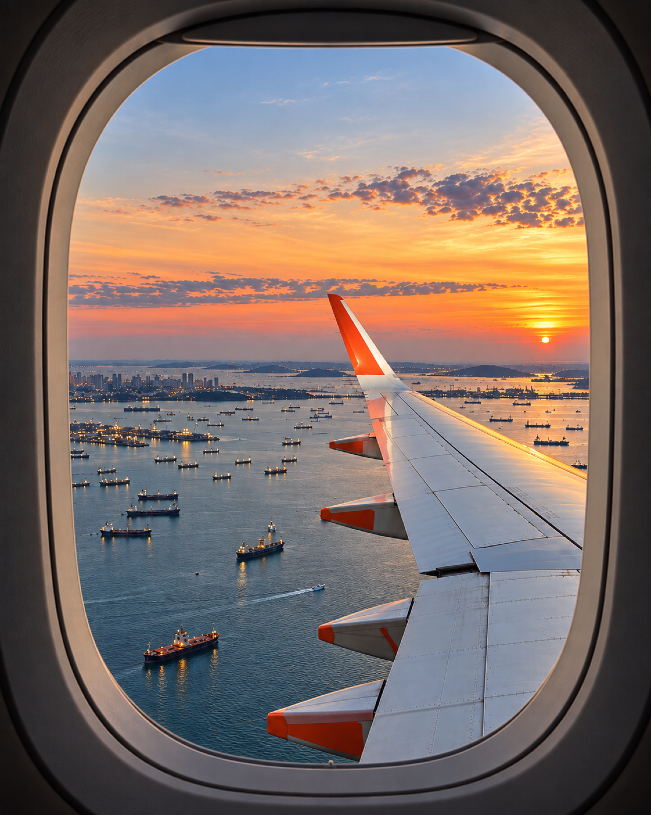 Jetstar aircraft wing viewed through a plane window above Singapore at sunset.