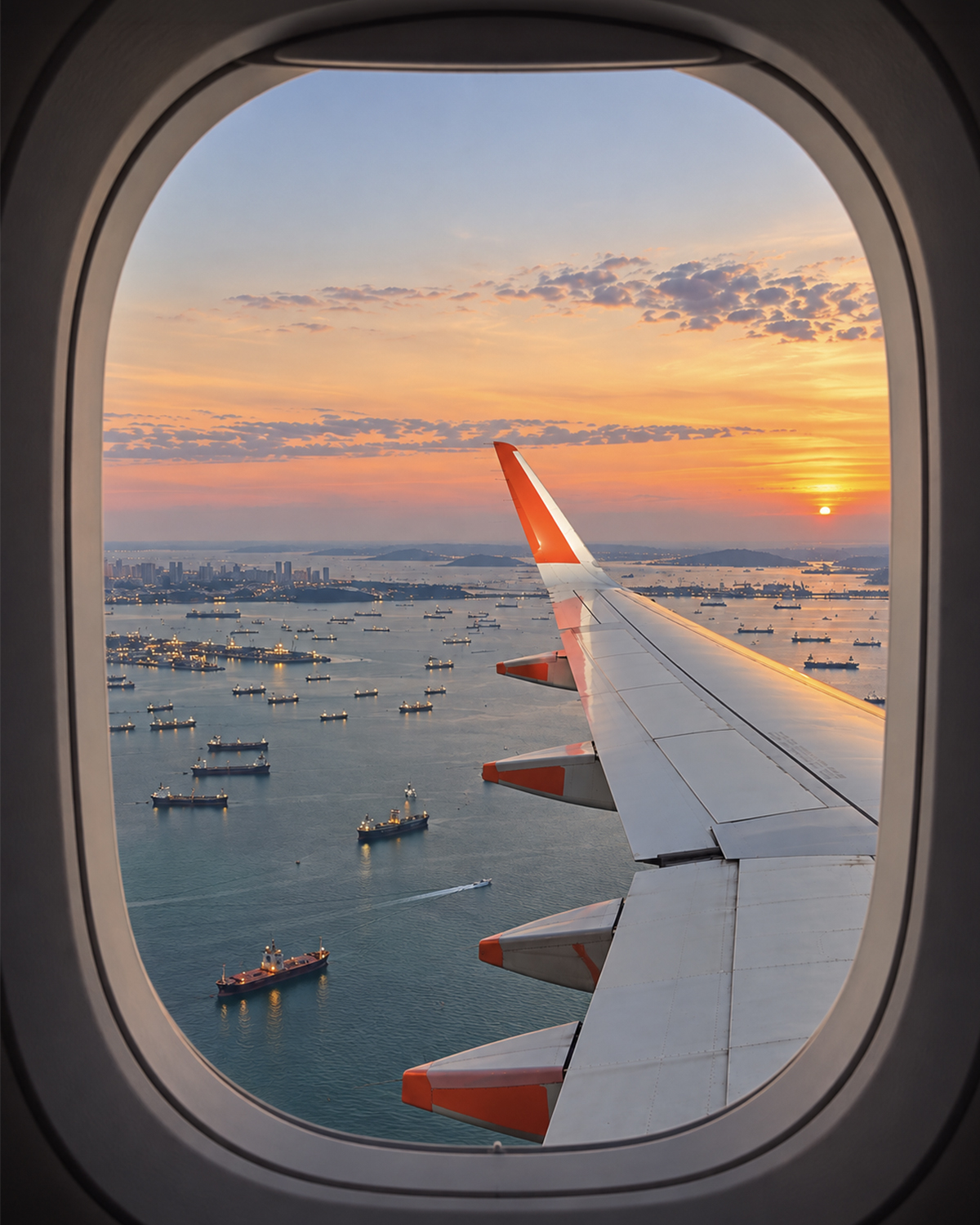 A view through an aeroplane window over Singapore at sunset.