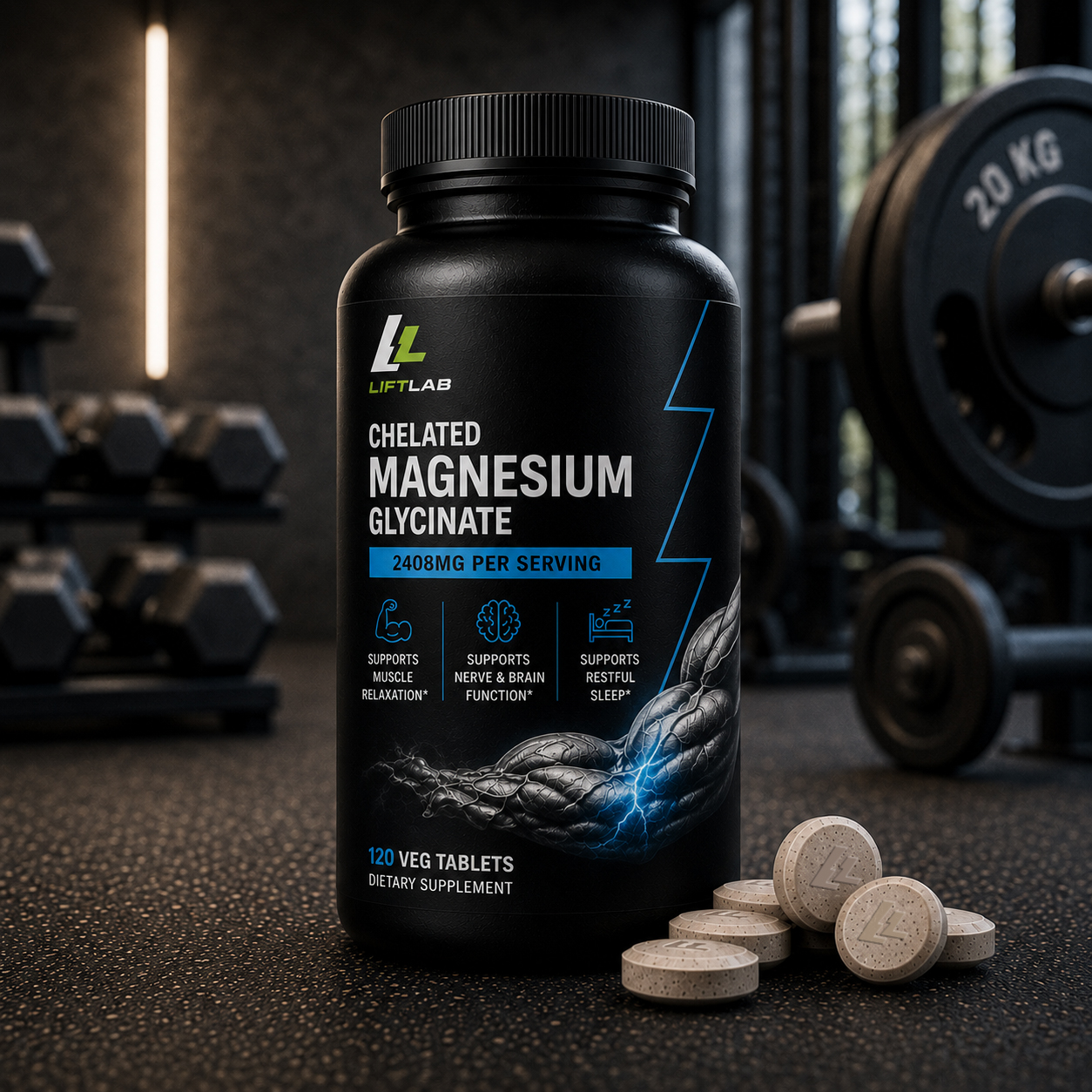 LiftLab Chelated Magnesium Glycinate packaging in a gym setting, communicating muscle relaxation and restful sleep.