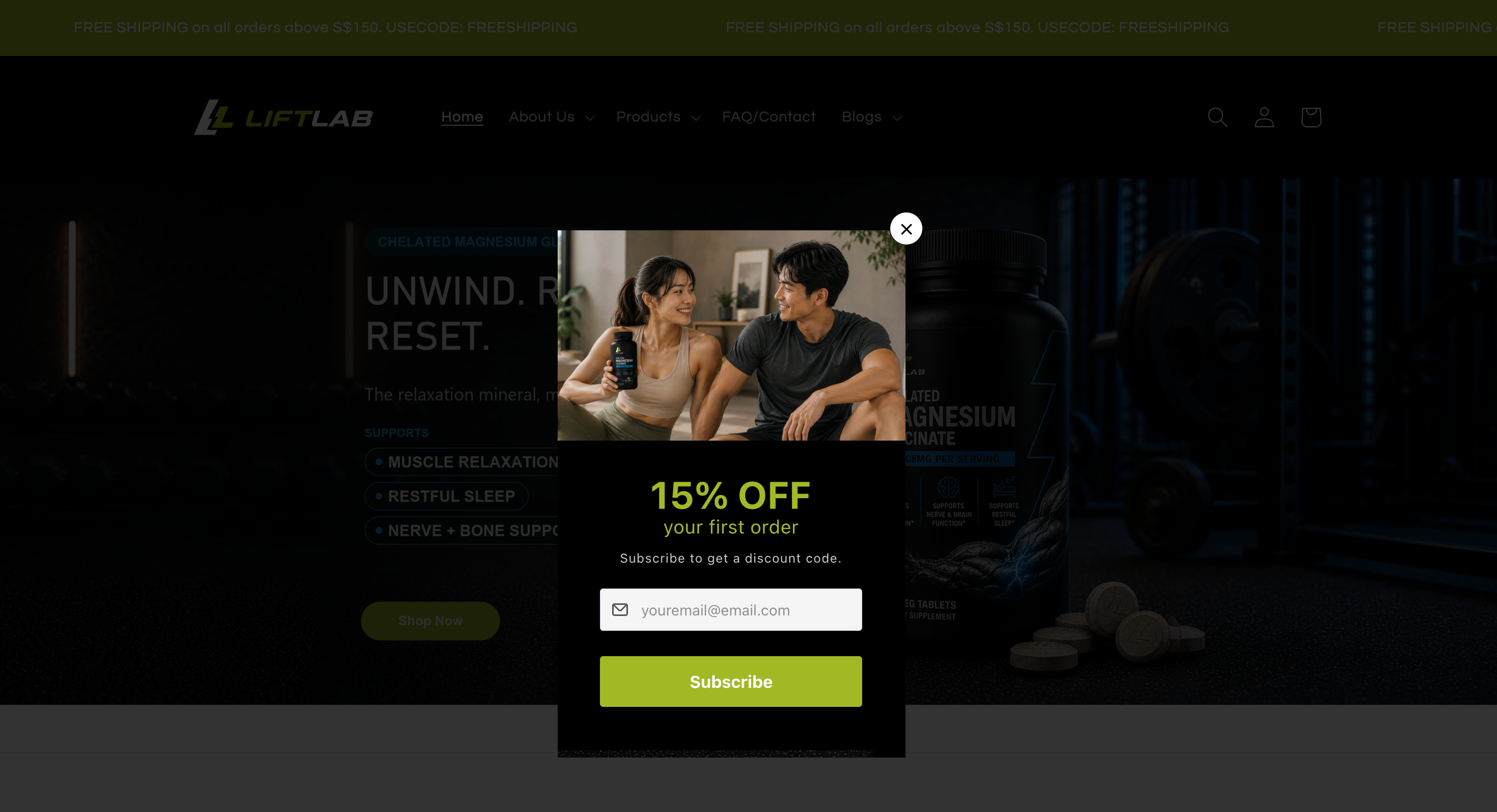 LiftLab exit popup offering 15 percent off a first order.