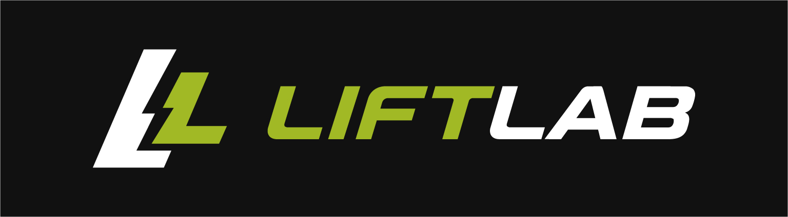 LiftLab negative full logo in white and lime green on a black background.