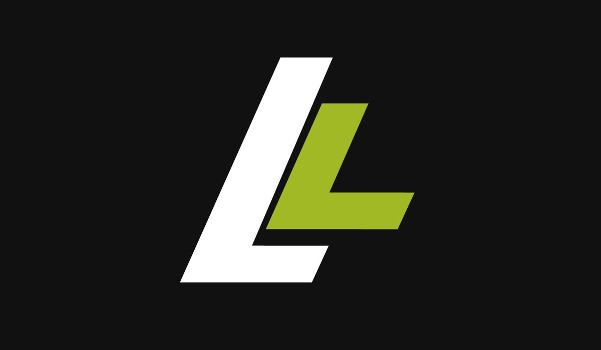 Second LiftLab logo construction step showing a white L and green L.