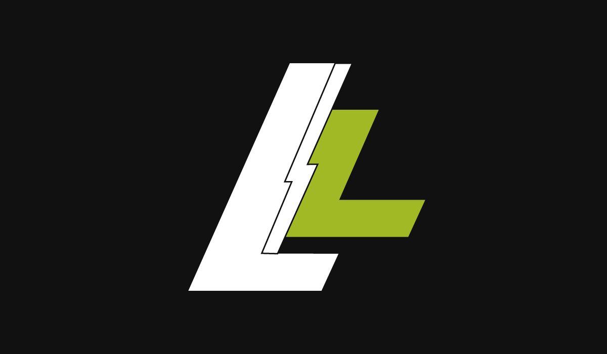 Third LiftLab logo construction step showing the carved lightning bolt detail between the two L shapes.