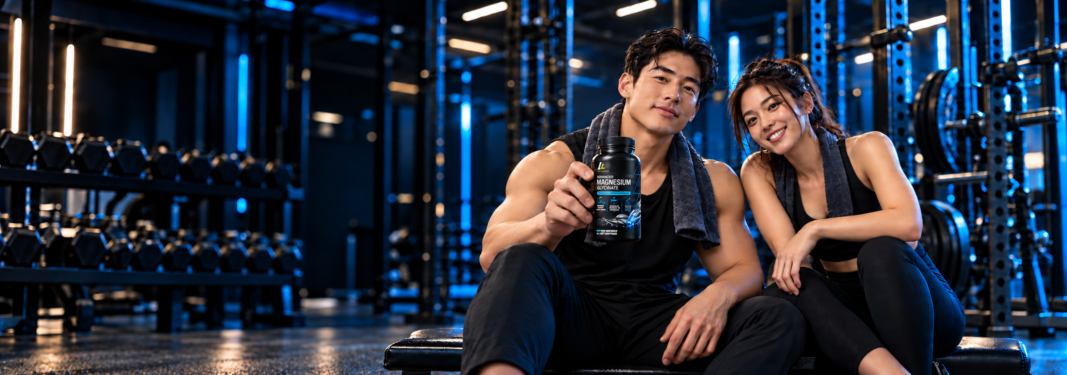 LiftLab Chelated Magnesium Glycinate lifestyle banner featuring two gym-goers holding the supplement.