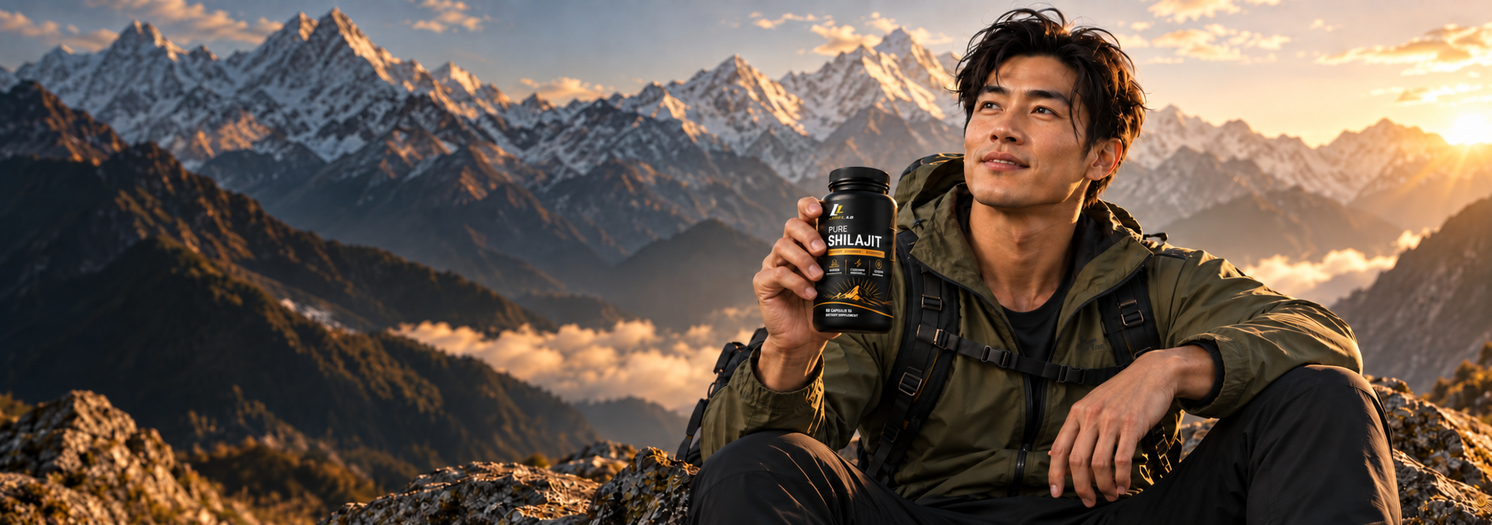 LiftLab Pure Shilajit lifestyle banner with a hiker holding the supplement in a Himalayan mountain setting.
