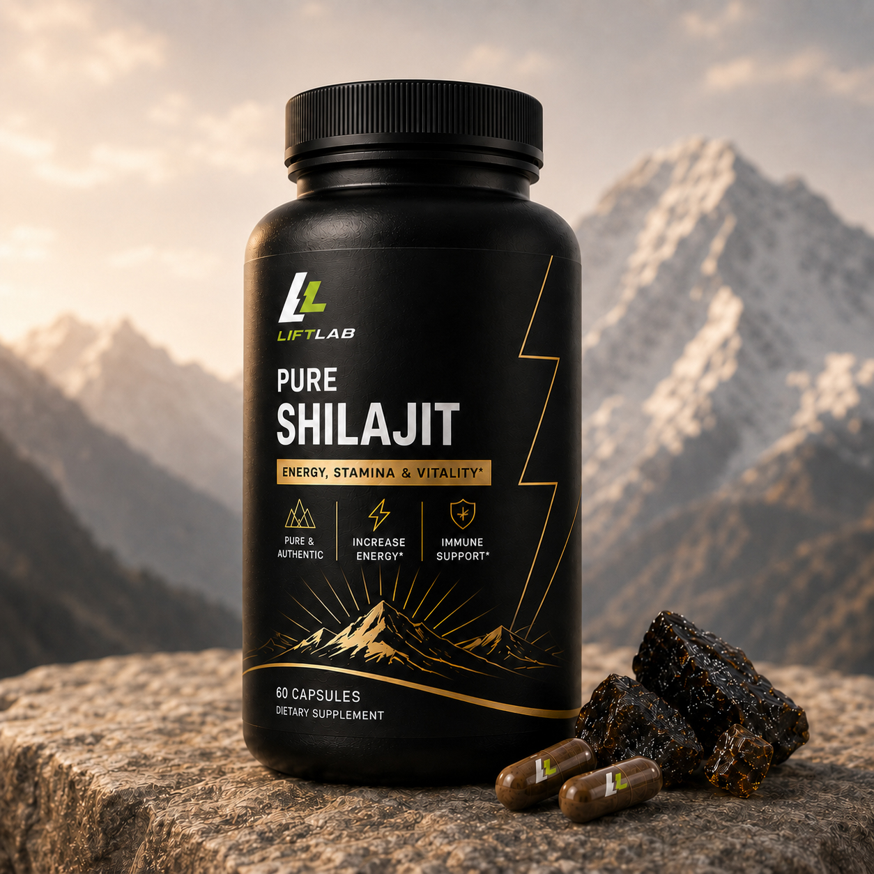 LiftLab Pure Shilajit packaging in a mountain setting, communicating energy, stamina and vitality.