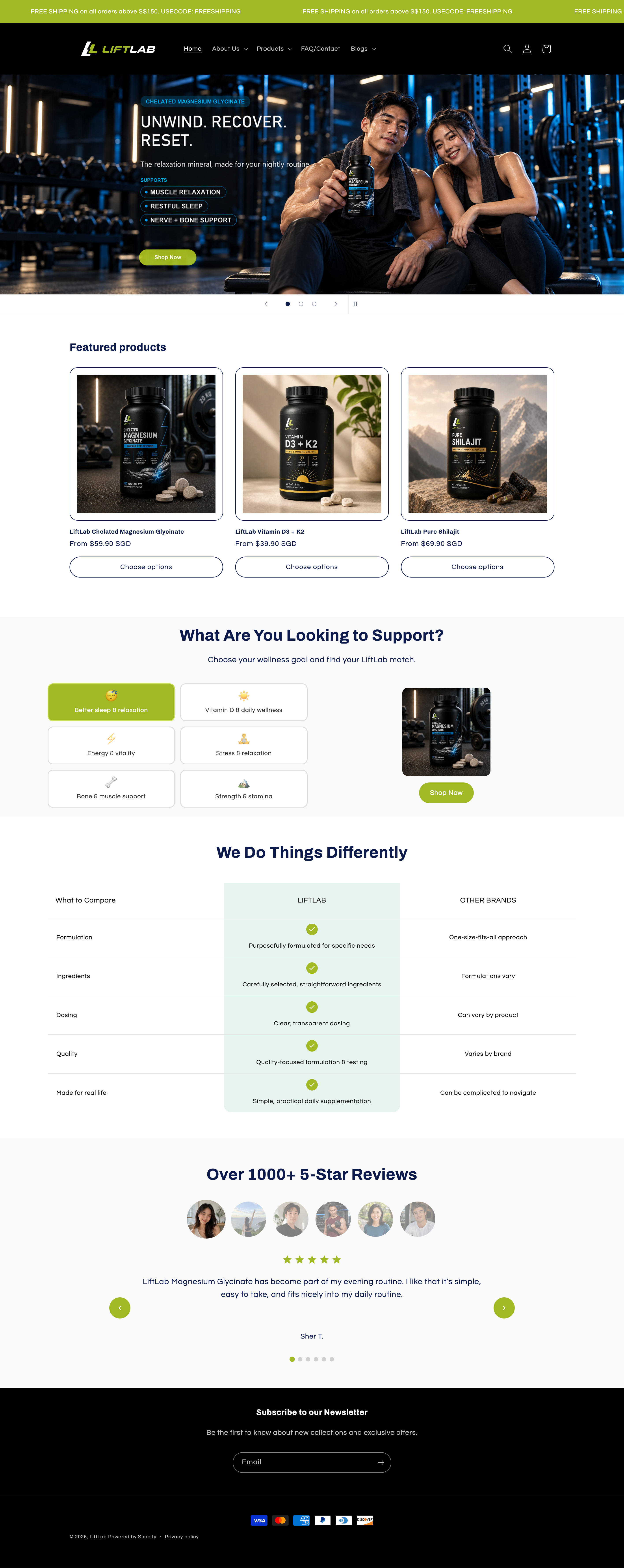 Full LiftLab Shopify wellness homepage with a hero banner, featured products, wellness goal navigation, comparison table and customer reviews.