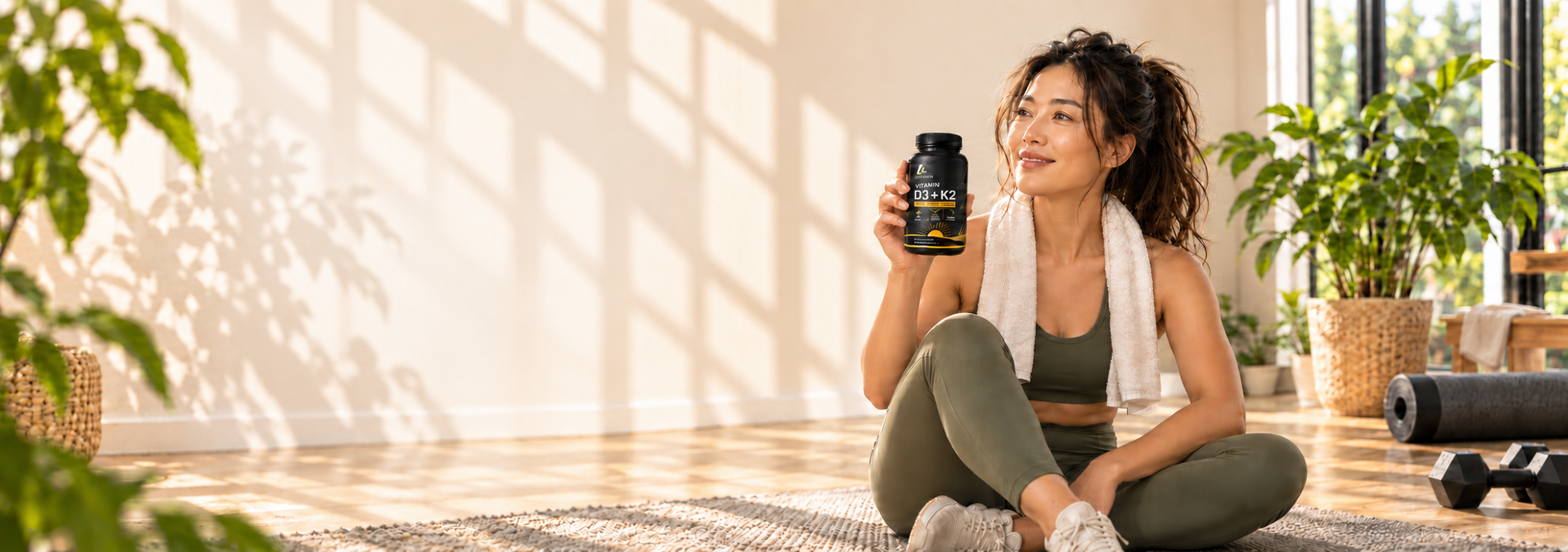 LiftLab Vitamin D3 plus K2 lifestyle banner with a woman holding the supplement in a sunlit home wellness setting.