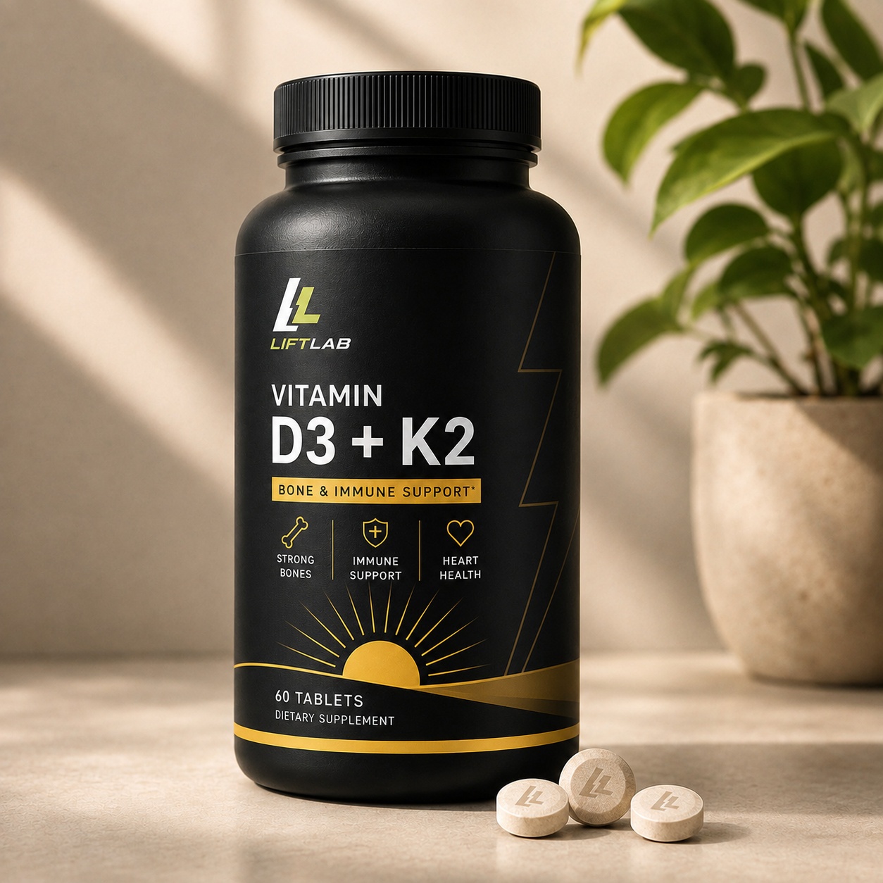 LiftLab Vitamin D3 plus K2 packaging in a warm home setting, communicating bone, immune and heart support.