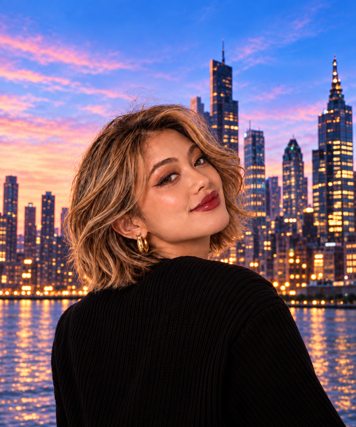 The 10/10 Face campaign model set against the New York skyline at sunset.