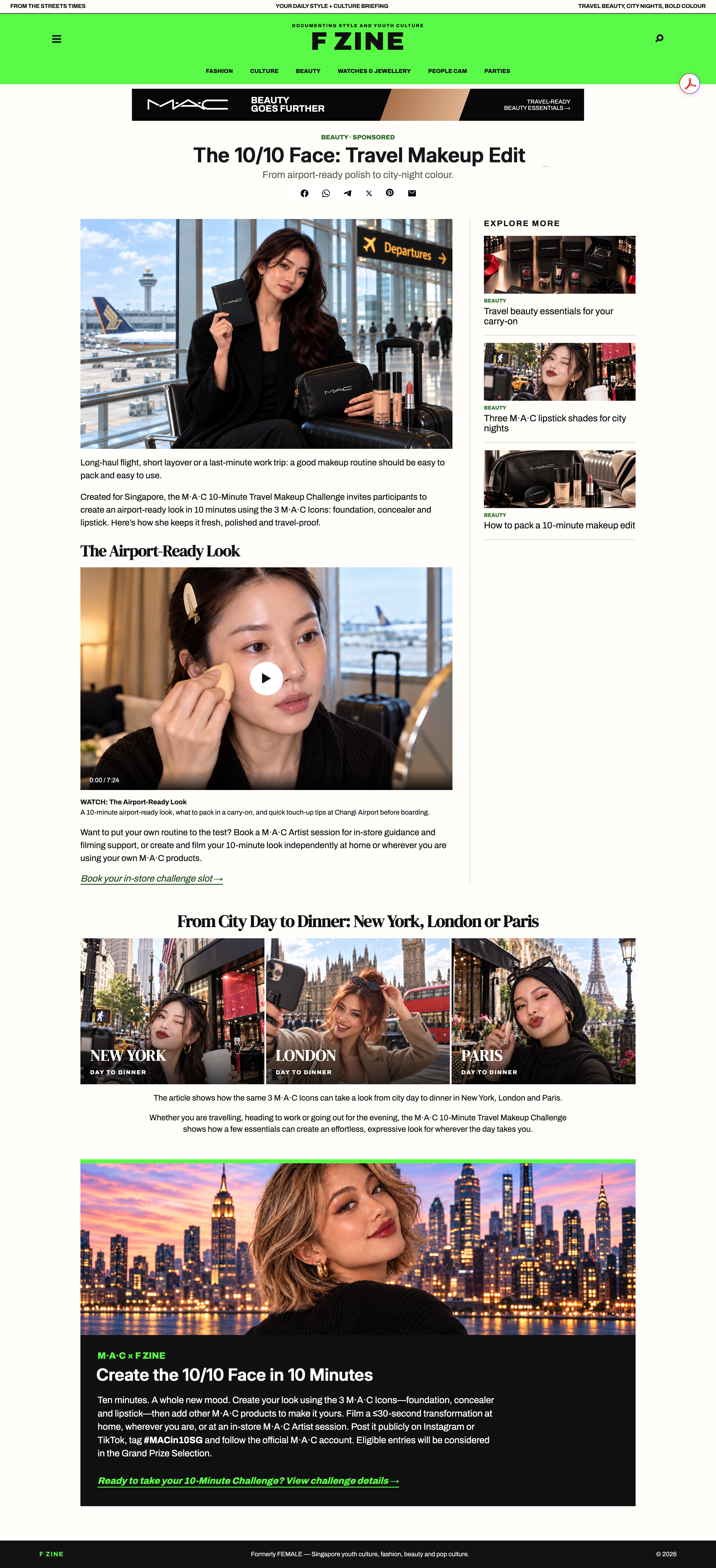 Full F ZINE sponsored editorial page for M·A·C’s The 10/10 Face campaign.