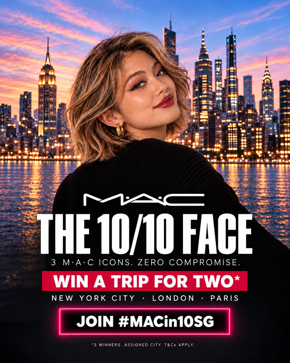 The 10/10 Face key visual featuring the campaign message, travel prize and #MACin10SG.
