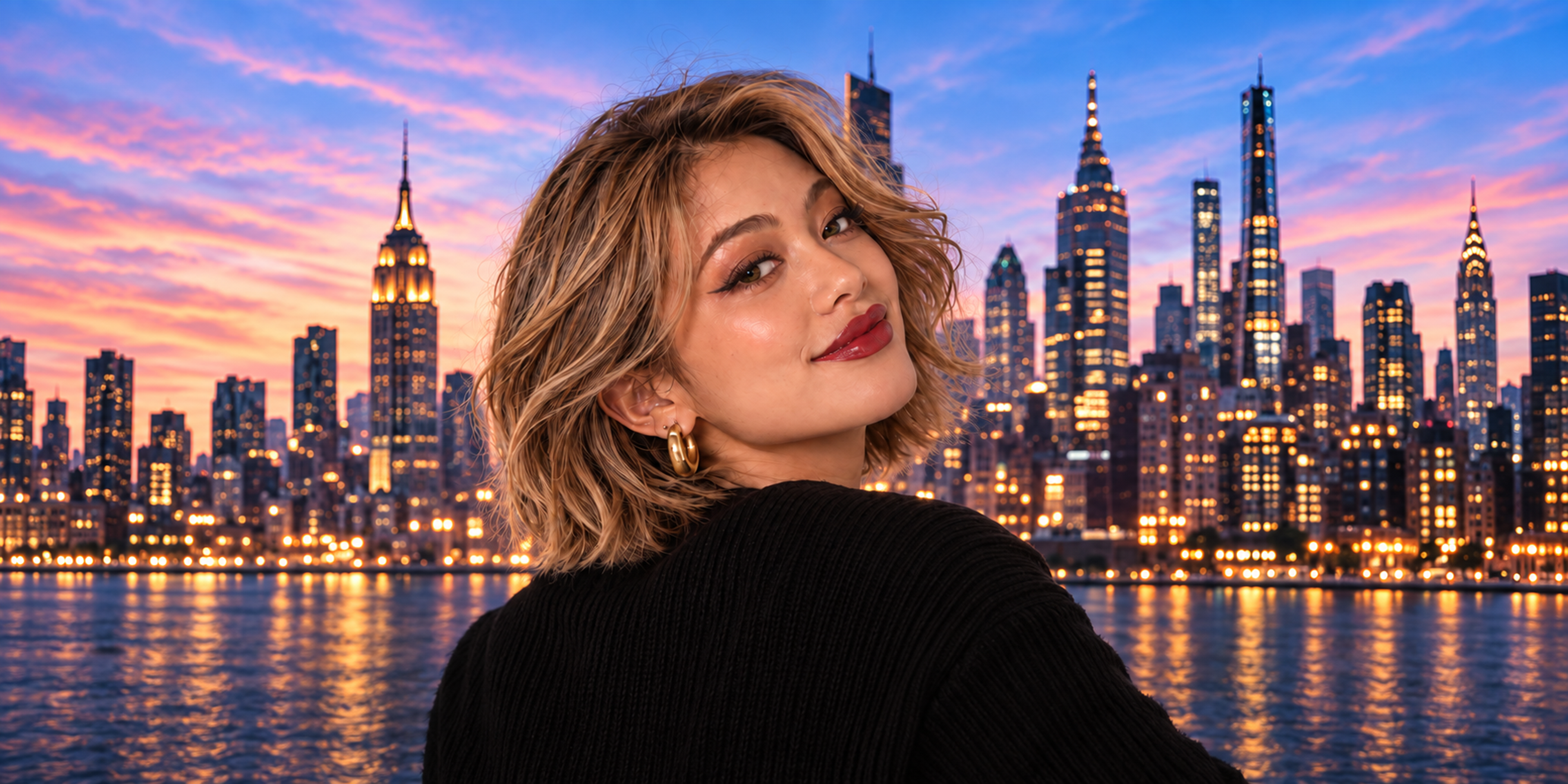 M·A·C campaign visual of a woman in front of the New York skyline at dusk.
