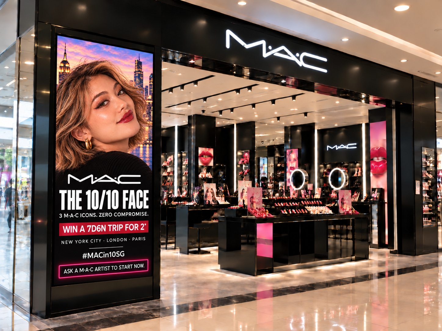 M·A·C storefront with a digital screen promoting The 10/10 Face.