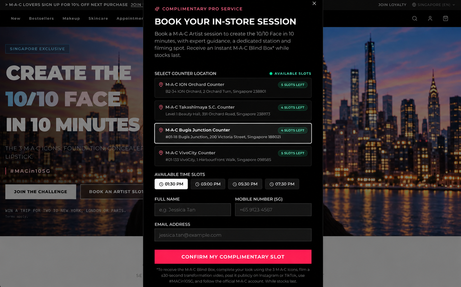 Book an in store M·A·C challenge slot by choosing a counter and time.
