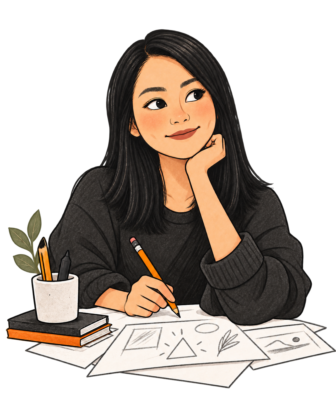 Illustrated portrait of Rei Kong sketching at a desk.